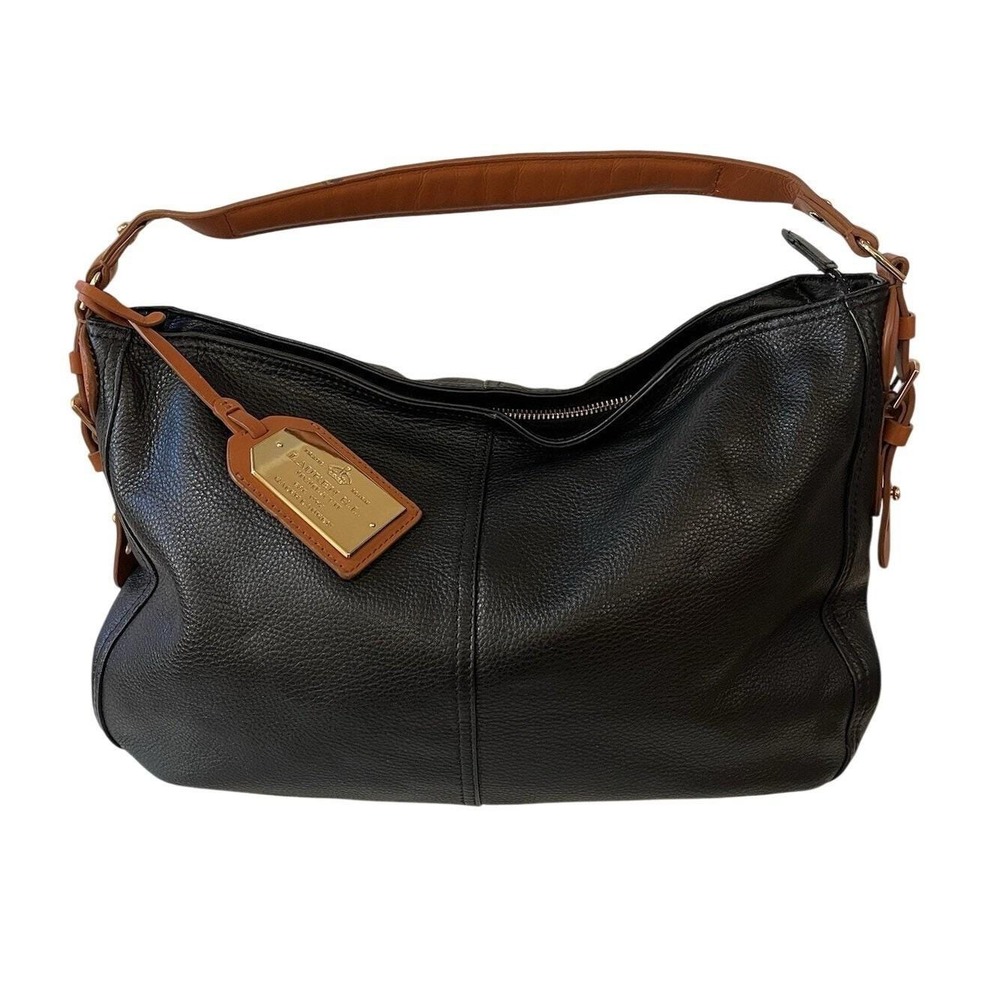 Y2K Lauren Ralph Lauren Black Leather Hobo Shoulder Bag Tan Trim Gold Hardware